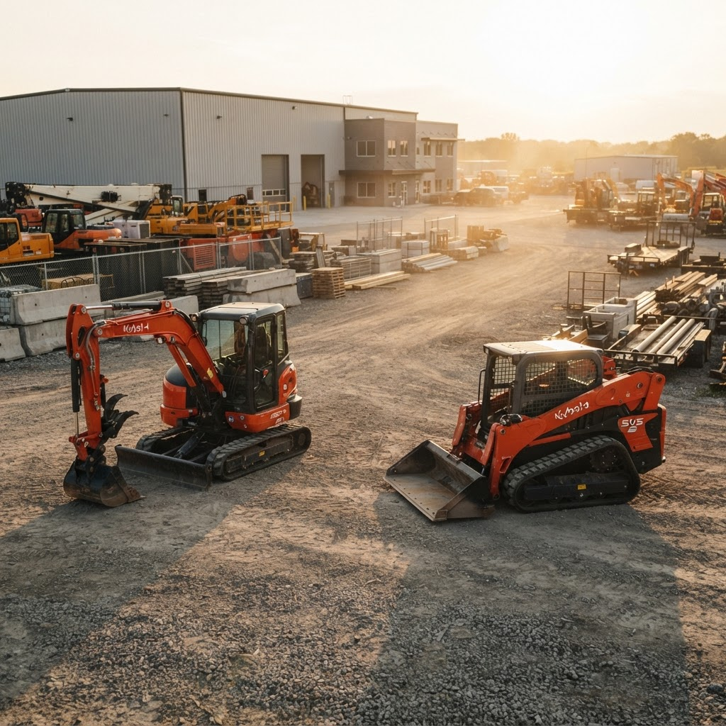 Construction and equipment yard with a mini excavator and skid steer at golden hour